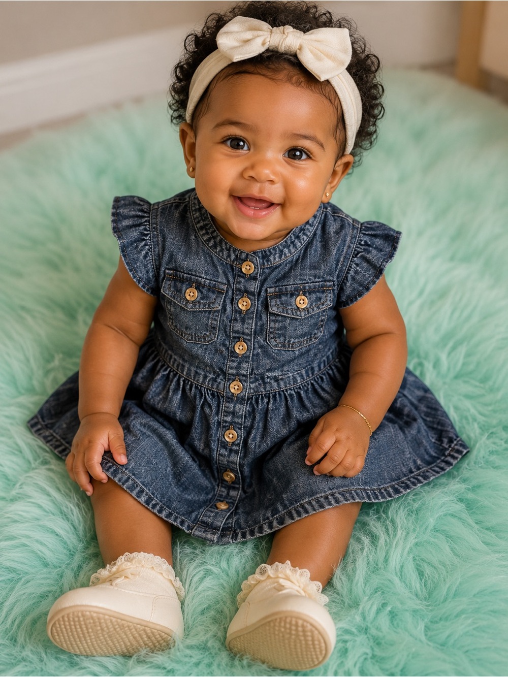🍼🎀 Ralph Lauren Ruffled Blue Newborn Baby Girl Denim Dress Shortsleeved Outfit